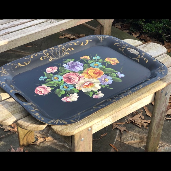 Vintage large painted tole metal tray - Picture 4 of 13
